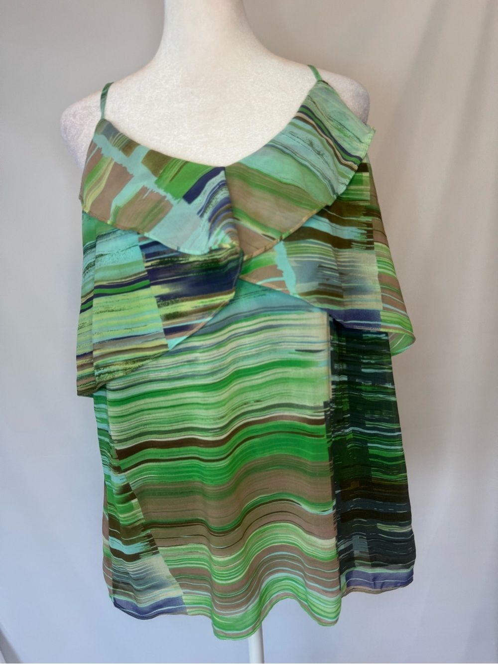 CAbI Ruffle Spaghetti Strap Top in Bold Greens/Tan  Multi-Stripe
